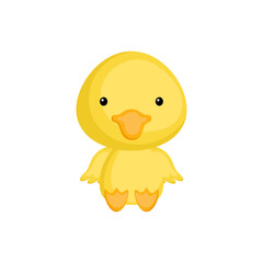 Cute baby duck sitting isolated on white background. Adorable animal character for design of album, scrapbook, card, invitation on baby shower, party. Flat cartoon colorful vector illustration.