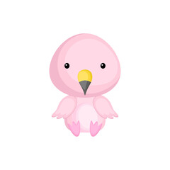 Cute baby flamingo sitting isolated on white background. Adorable animal character for design of album, scrapbook, card, invitation on baby shower, party. Flat cartoon colorful vector illustration.