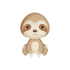 Cute baby sloth sitting isolated on white background. Adorable animal character for design of album, scrapbook, card, invitation on baby shower, party. Flat cartoon colorful vector illustration.