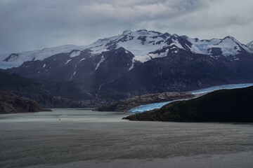 Immense glaciers and Southern Ice Fields viewed along the hiking trails of O Circuit in Torres del Paine, Chile