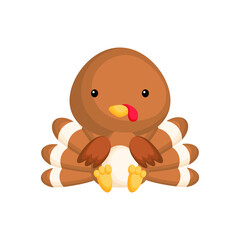 Cute baby turkey sitting isolated on white background. Adorable animal character for design of album, scrapbook, card, invitation on baby shower, party. Flat cartoon colorful vector illustration.