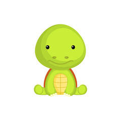 Cute baby turtle sitting isolated on white background. Adorable animal character for design of album, scrapbook, card, invitation on baby shower, party. Flat cartoon colorful vector illustration.