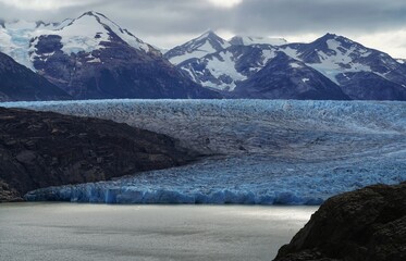 Immense glaciers and Southern Ice Fields viewed along the hiking trails of O Circuit in Torres del...