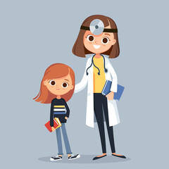 Female doctor pediatrician with patient child girl standing close to each other.