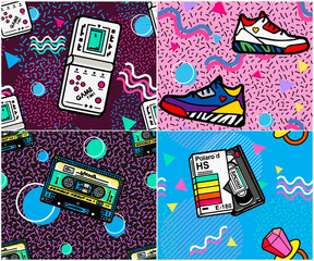 Memphis pattern of geometric shapes with old-fashioned retro stuff with a game, vhs cassette, skate, stick candy, sneakers and an old audio cassette. items on the theme of nastalgia 90s-80s, 