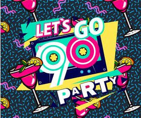 Retro party poster. Nineties music, with old-fashioned retro stuff with a game, vhs cassette, skate, stick candy, sneakers and an old audio cassette. invitation card, dance time parties advertisement 