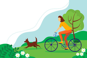 Fototapeta premium Woman riding a Bicycle with the dog in the Park. Summer landscape with trees and flowers.