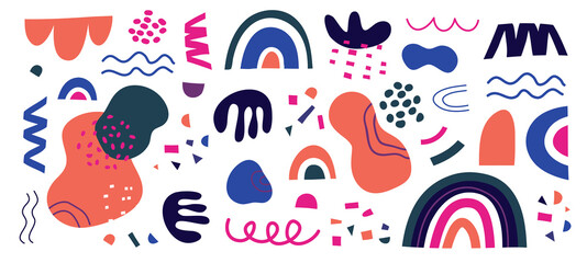 Set of vector hand drawn blue and pink shapes and doodle objects on white background. Abstract modern modern trendy vector illustration. Stamp texture, rainbow, spot, line, zigzags.