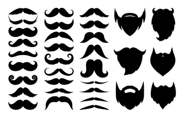 Set of moustache. Vector collection of black silhouettes mustaches and beards for logo, icon, booth, accessories, father's day isolated on white background. Moustache gentleman. Men health symbol