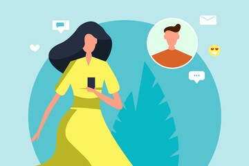 Girl is texting with the guy. Virtual relationship, acquaintance in social network. illustration in flat style
