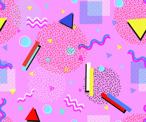 Memphis pattern of geometric shapes with old-fashioned retro stuff with a game, vhs cassette, skate, stick candy, sneakers and an old audio cassette. items on the theme of nastalgia 90s-80s, for fabri