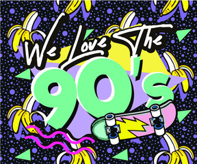 Fototapeta premium Retro party poster. Nineties music, with old-fashioned retro stuff with a game, vhs cassette, skate, stick candy, sneakers and an old audio cassette. invitation card, dance time parties advertisement 
