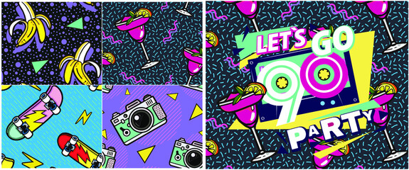Set of vector banners in trendy 80s-90s memphis style. with old-fashioned retro stuff with a game, vhs cassette, skate, stick candy, sneakers and an old audio cassette. Can be used in cover design, bo