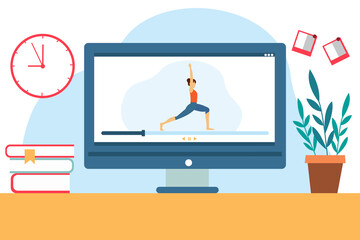 Yoga classes at home. Online learning. Vector illustration in flat style.