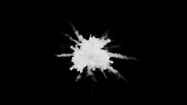 White dry ice smoke powder explosion fluid ink paint particles slow motion isolated on green background