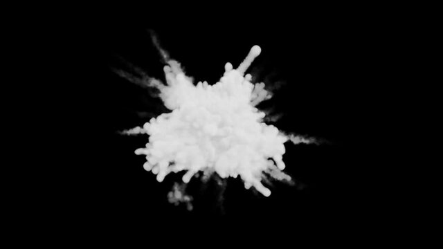 White dry ice smoke powder explosion fluid ink paint particles slow motion isolated on green background
