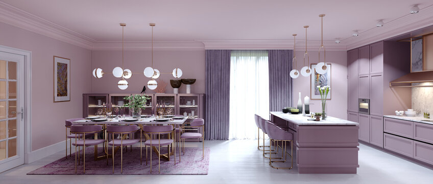 Fashionable kitchen interior with dining room in lilac color.