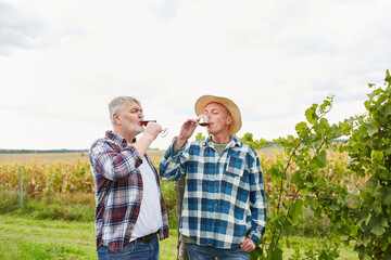 Two winegrowers drink a glass of red wine
