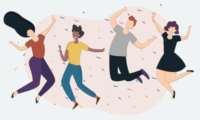 Group of young dancing people or male and female Friends together. Smiling best friends enjoying the celebration party. Colorful vector illustration in a flat cartoon.