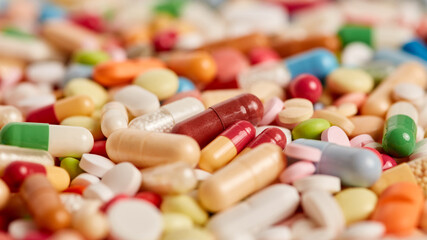 Close-up of many colorful medicines drugs and pills