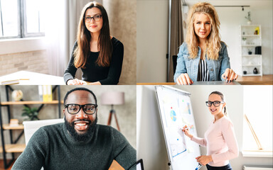 Screen saver. Multiracial group of people talking via video connection. Webcam shots of many people, collage. Video call concept