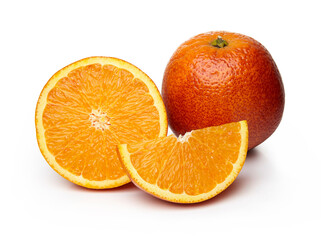 Red orange and slices of it isolated on white background.