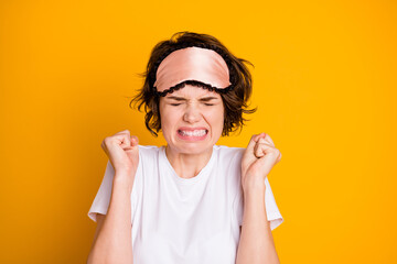 Close up photo of frustrated irritated mad girl cant sleep want her roommate stop noise party raise...