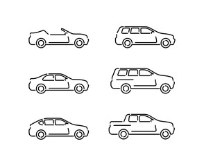 Outline vector cars set - monochrome automobiles with different car body - sedan, offroad, roadster, pickup, universal, hatchback - icons collection