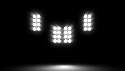 Studio spotlight. Award ceremony at the stadium with lighting. Stage illuminate shines up. Projector white bright stadium arena lights Stock illustration. © Victor