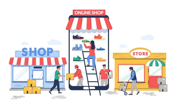 Online To Offline Commerce, Vector Flat Illustration. O2O Retail And Electronic Commerce Business Strategy. Potential Online Consumers Making Purchases In Physical Stores.