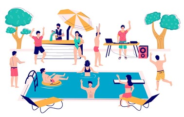 Swimming pool party vector concept flat style design illustration. Happy people swimming in pool, floating in rubber ring, dancing, drinking beer and having fun. Summer vacation in hotel resort.