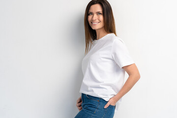 Funny woman on white background. Cheerful female model joyful. Positive human emotion facial...