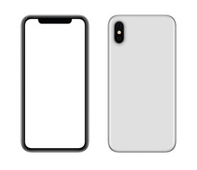 Smartphone mockup front and back side. New modern white frameless smartphone mockup with blank white screen and back side with camera. Isolated on white background.