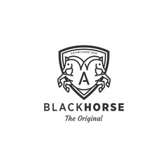 Black Horse Logo with Shield Premium Vector