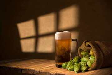 Red wine glass and glass of light beer