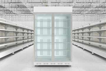 Supermarket fridge mockup in store interior with empty refrigerator shelf. 3d render