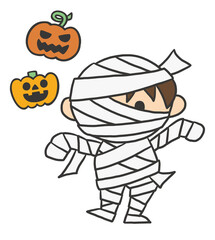 ハロウィン ミイラ ミイラ男 カボチャ ジャックオーランタン 仮装 手描き ベクター イラスト