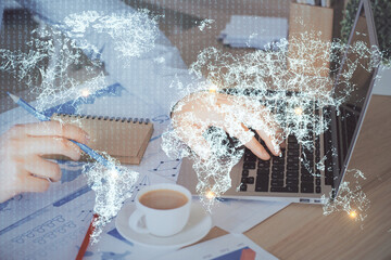 Media network theme hologram with man working on computer on background. Concept of internet communication. Double exposure.