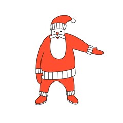 Cheerful santa claus shows a hand.