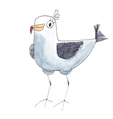 Watercolor stylized bird. Illustration of seagull for children on white background