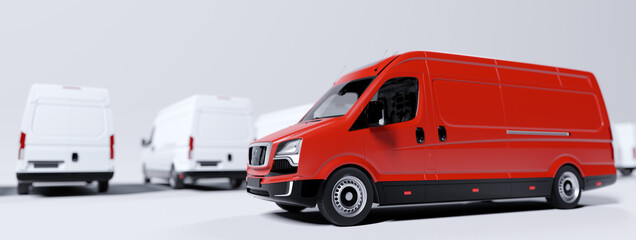 Red commercial van and fleet of white trucks. Transport. Transport and shipping © Photocreo Bednarek