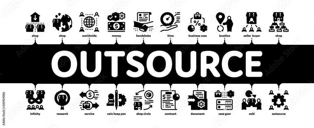 Poster outsource management minimal infographic web banner vector. outsource team and world business proces