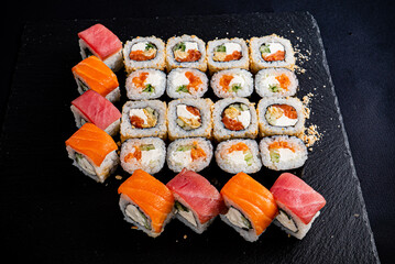 sushi set on the black background
