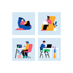 People staying home on quarantine, working from home, teaching and learning online, reading a book