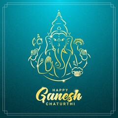 Ganesh chaturthi or Vinayaka Chaturthi Hindu festival celebrating the arrival of Ganesha to earth square banner template. Gold contour image of Ganesha with elephant head and mandala ornament.