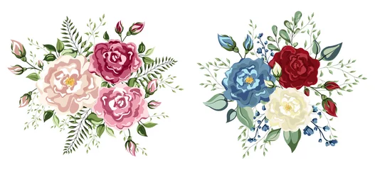 Zelfklevend behang Bloemen Boeketten van rozen en groene bloemblaadjes en andere bloemen. Bloem rood, bordeaux, marineblauwe roos, groen blad.