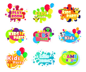 Kids Zone banner design big set. Colorful bubble letters for children's playroom decoration. Colorful caramel text on abstract background.