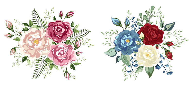 Bouquets Of Roses And Green Petals And Other Flowers. Flower Red, Burgundy, Navy Blue Rose, Green Leaves.