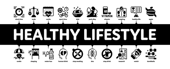 Healthy Lifestyle Minimal Infographic Web Banner Vector. Healthy Food Dish And Vitamin Pills, Sport And Walking, Non-alcohol And Non-smoking Illustration