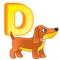 Vector bright illustrations alphabet with capital letters of the English and cute cartoon animals and things. Poster for kindergarten and preschool. Cards for learning English. Letter D. Dog